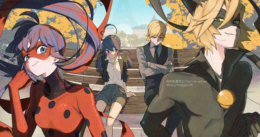 marinette dupain-cheng, ladybug, chat noir, and felix (miraculous ladybug) drawn by seio_(nao_miragggcc45)