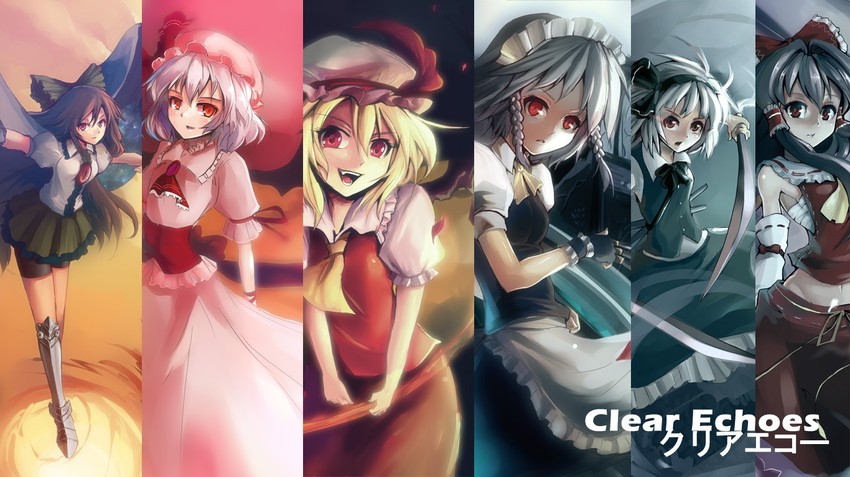 hakurei reimu, remilia scarlet, flandre scarlet, izayoi sakuya, konpaku youmu, and 1 more (touhou) drawn by clear_echoes