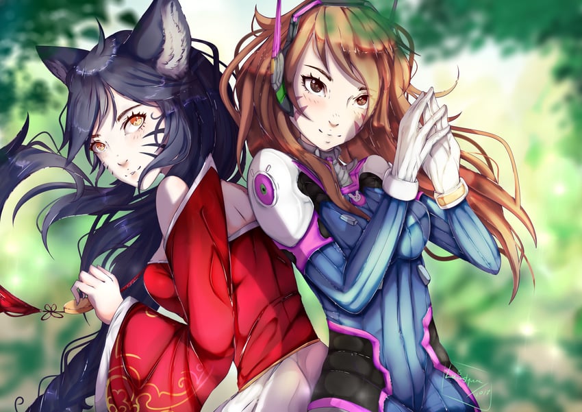 d.va and ahri (league of legends and 1 more) drawn by styczna