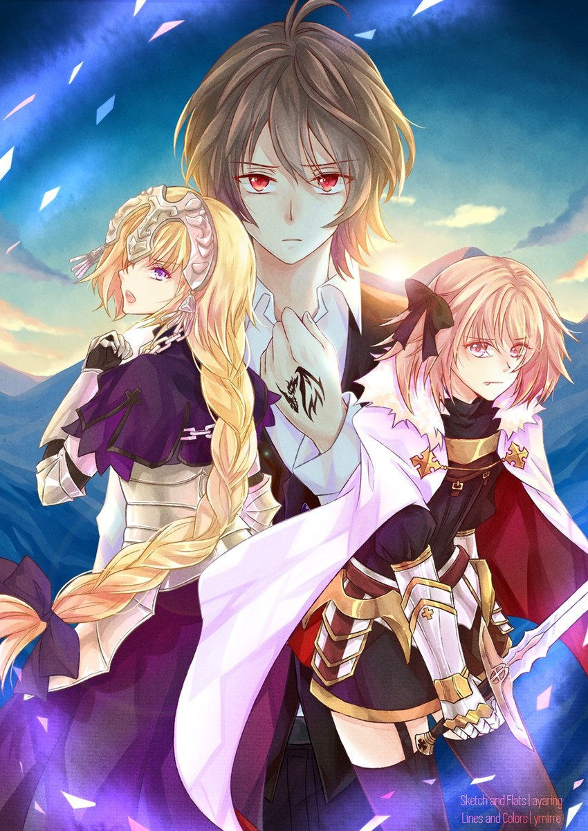 jeanne d'arc, astolfo, and sieg (fate and 1 more) drawn by ayaring and ymirre