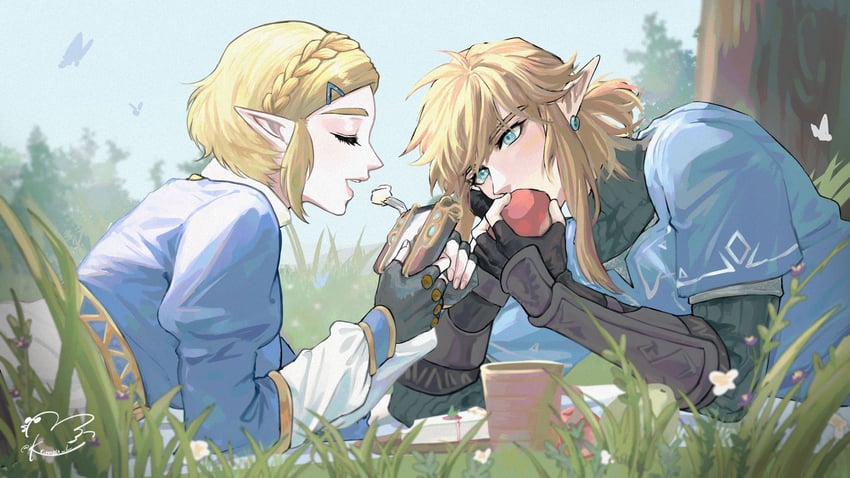 link and princess zelda (the legend of zelda and 2 more) drawn by kurokawa_karasu