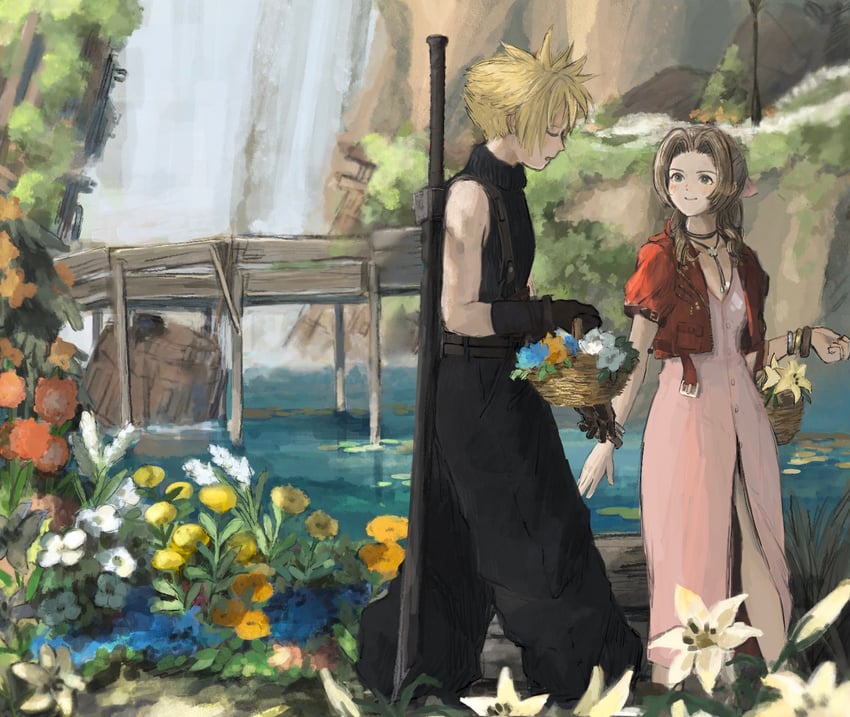 cloud strife and aerith gainsborough (final fantasy and 2 more) drawn by soraoyogusakana