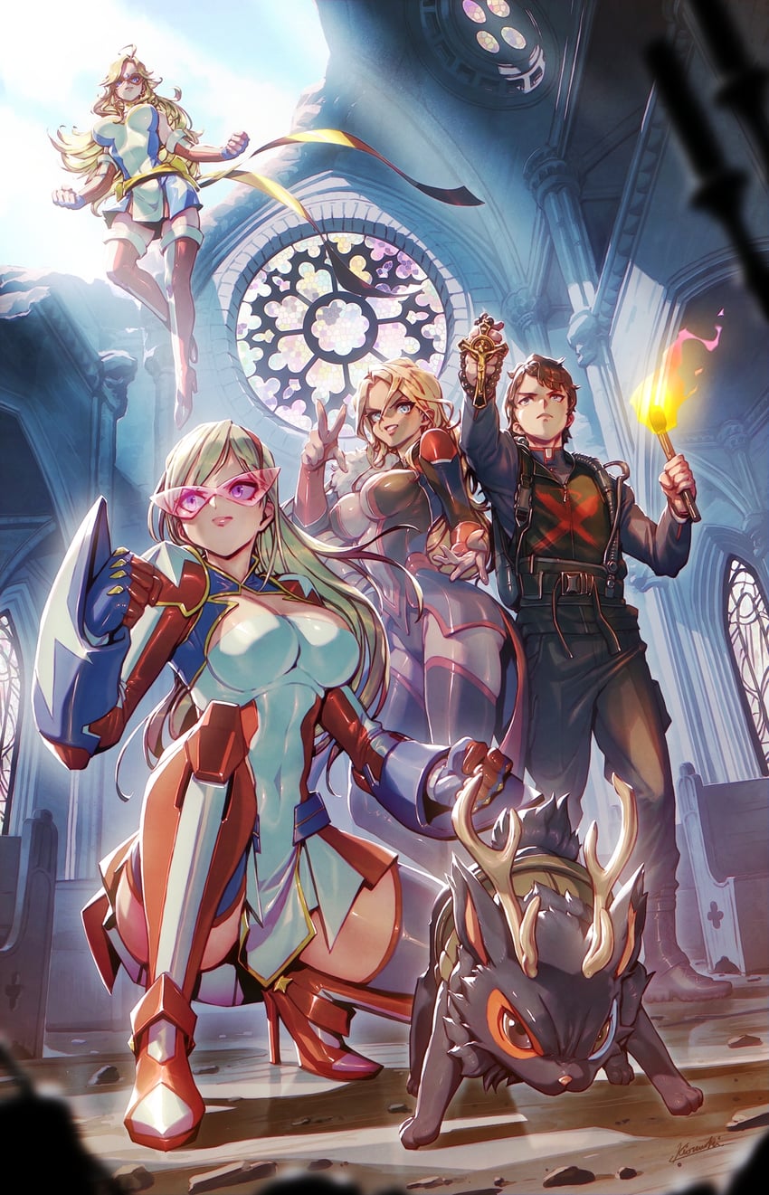 kamen america, kamen victory, u.s.a.-g.i., hare trigger, and patrick retter (kamen america and 2 more) drawn by kionaoki