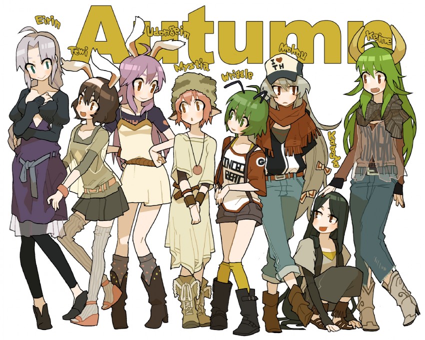 reisen udongein inaba, fujiwara no mokou, kamishirasawa keine, houraisan kaguya, mystia lorelei, and 4 more (touhou and 1 more) drawn by haruo_(clownberry)