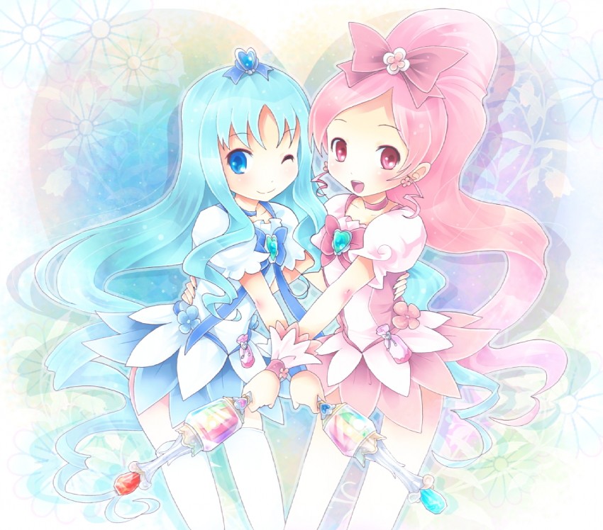kurumi erika, hanasaki tsubomi, cure marine, and cure blossom (precure and 1 more) drawn by michii_yuuki