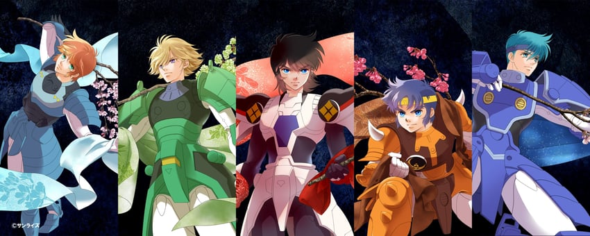 sanada ryou, mouri shin, hashiba touma, date seiji, and shue rei fuan (yoroiden samurai troopers) drawn by mizuki_ken