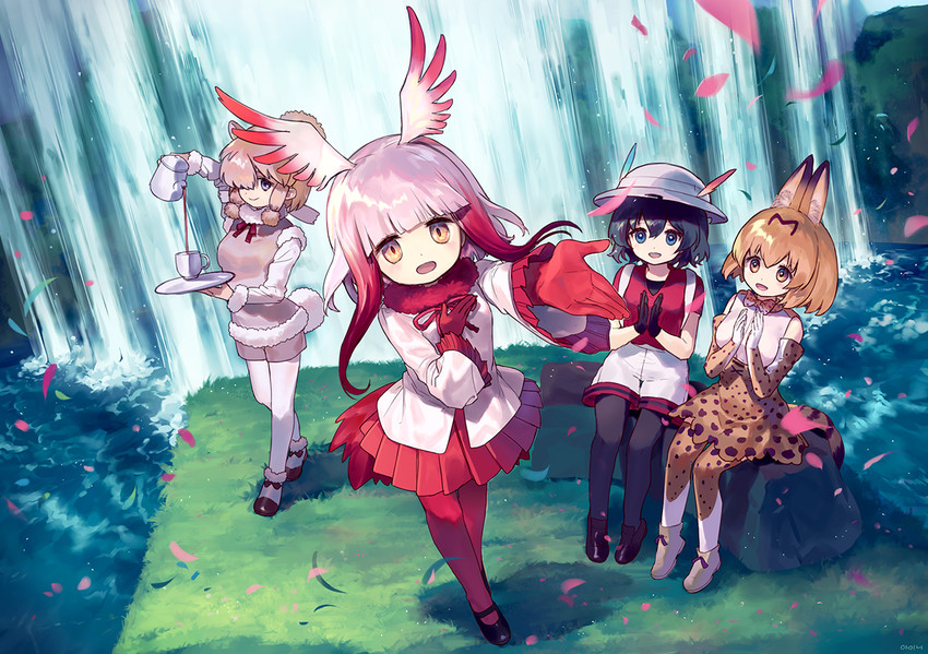 serval, kaban, japanese crested ibis, and alpaca suri (kemono friends) drawn by ainy
