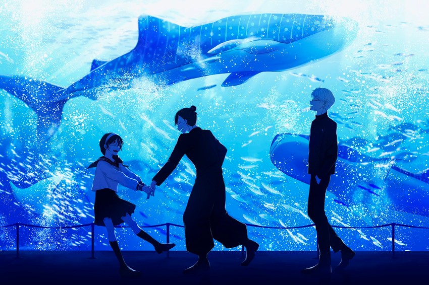gojou satoru, getou suguru, and amanai riko (jujutsu kaisen) drawn by hama_m