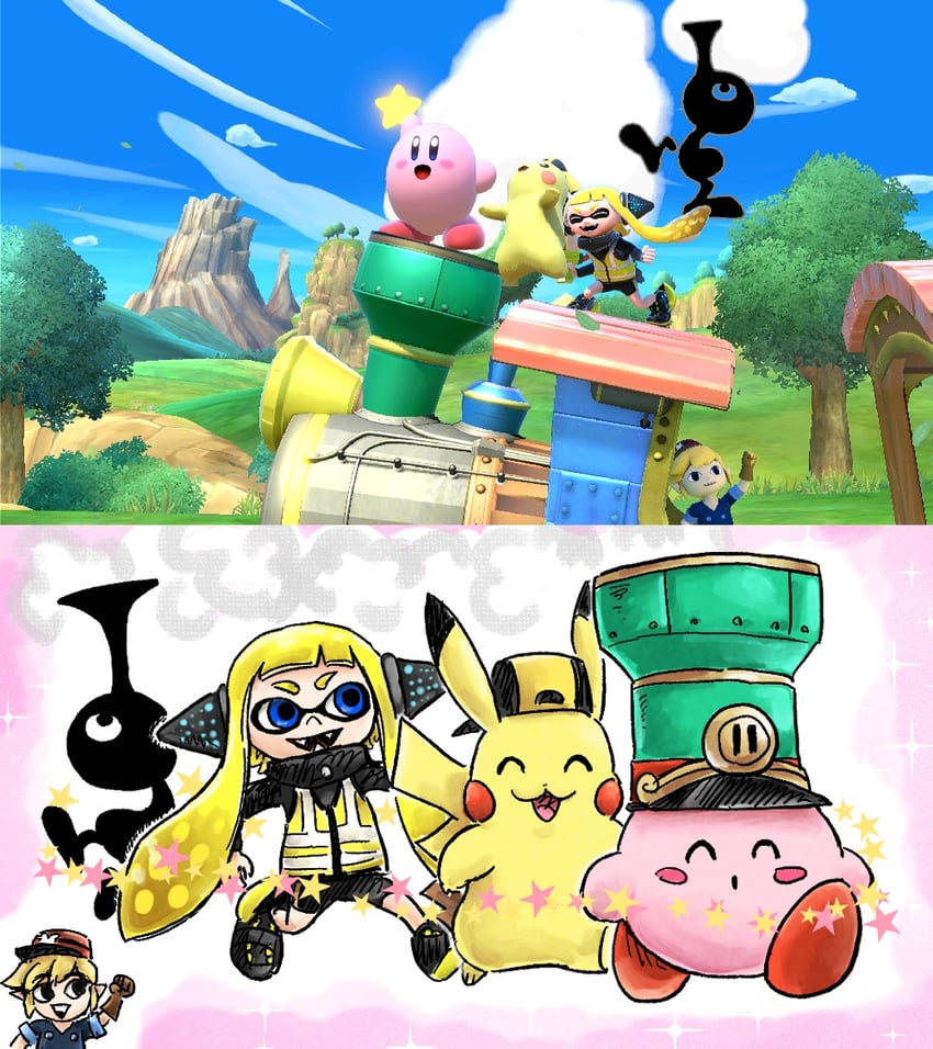 link, inkling player character, pikachu, inkling girl, toon link, and 1 more (pokemon and 7 more) drawn by kicdon