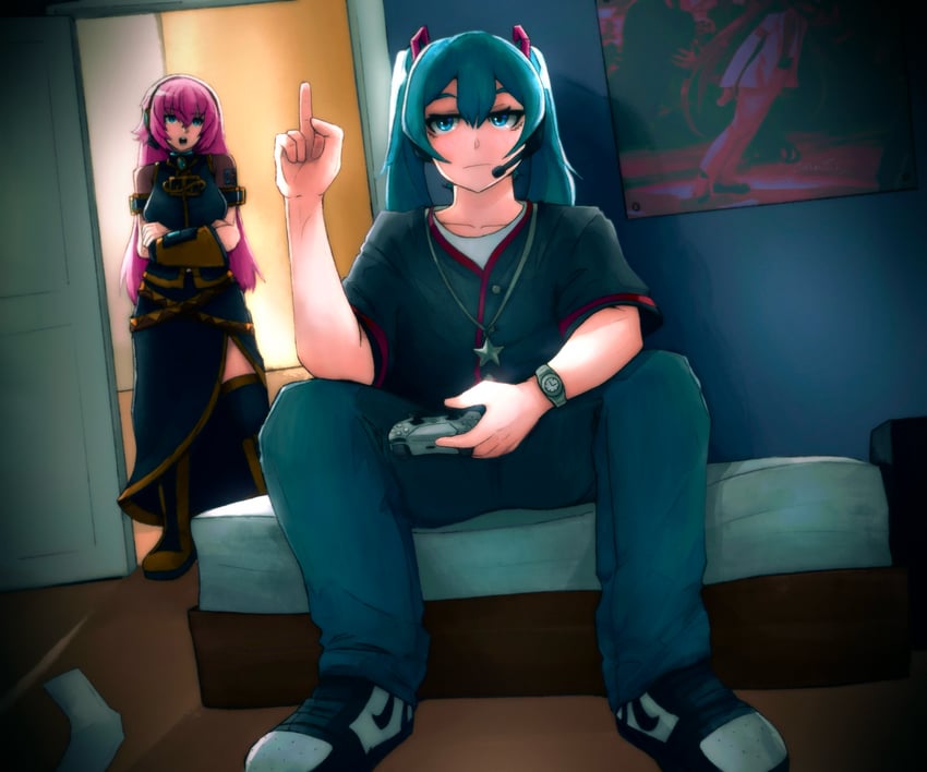 hatsune miku, megurine luka, and jimmy de santa (vocaloid and 2 more) drawn by kanpaithighs