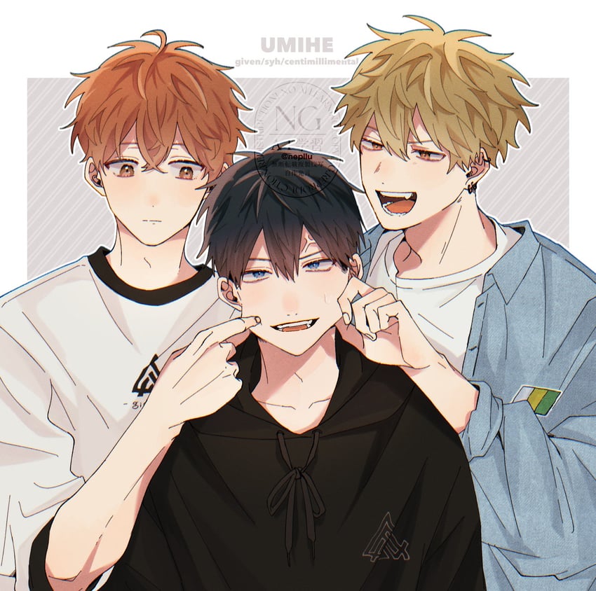 satou mafuyu, uenoyama ritsuka, and yoshida yuki (given) drawn by rtrggv