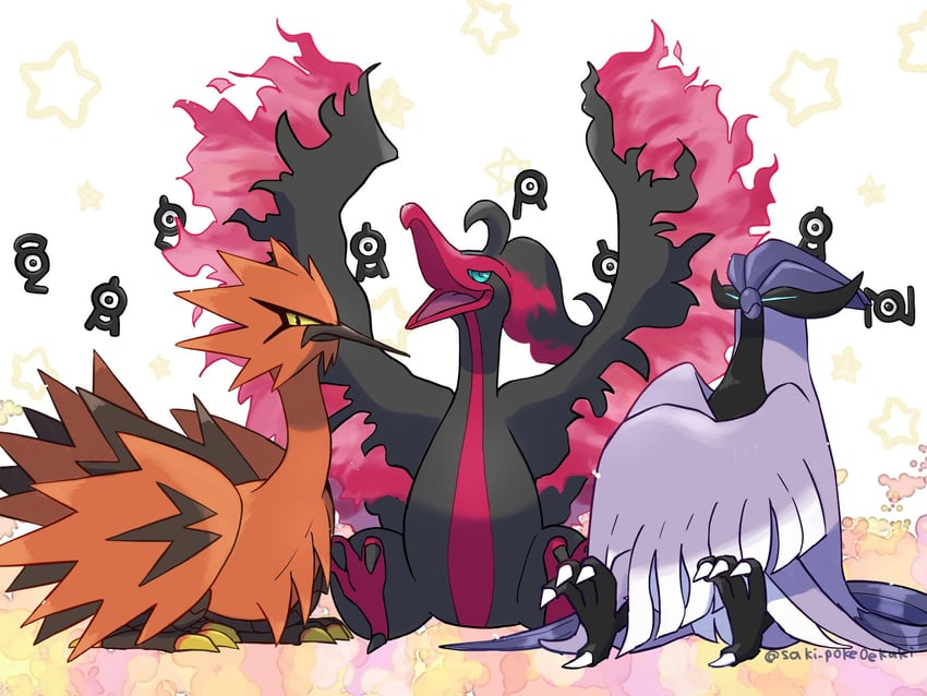 unown, unown a, unown i, galarian moltres, unown n, and 5 more (pokemon) drawn by saki_pokeoekaki