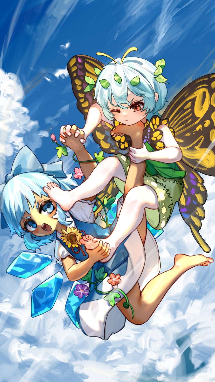 cirno, eternity larva, and tanned cirno (touhou) drawn by kourou_(kouroukun)
