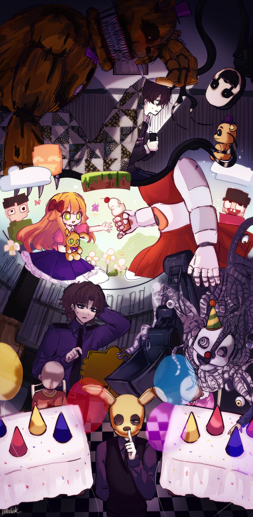 william afton, circus baby, michael afton, crying child, elizabeth afton, and 5 more (five nights at freddy's and 2 more) drawn by hiji_(hijichan)