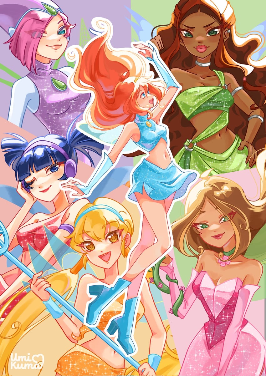 bloom, stella, flora, musa, tecna, and 1 more (winx club) drawn by umikuma
