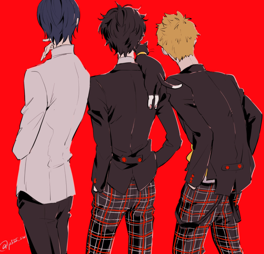 amamiya ren, sakamoto ryuuji, morgana, and kitagawa yuusuke (persona and 1 more) drawn by sawa2