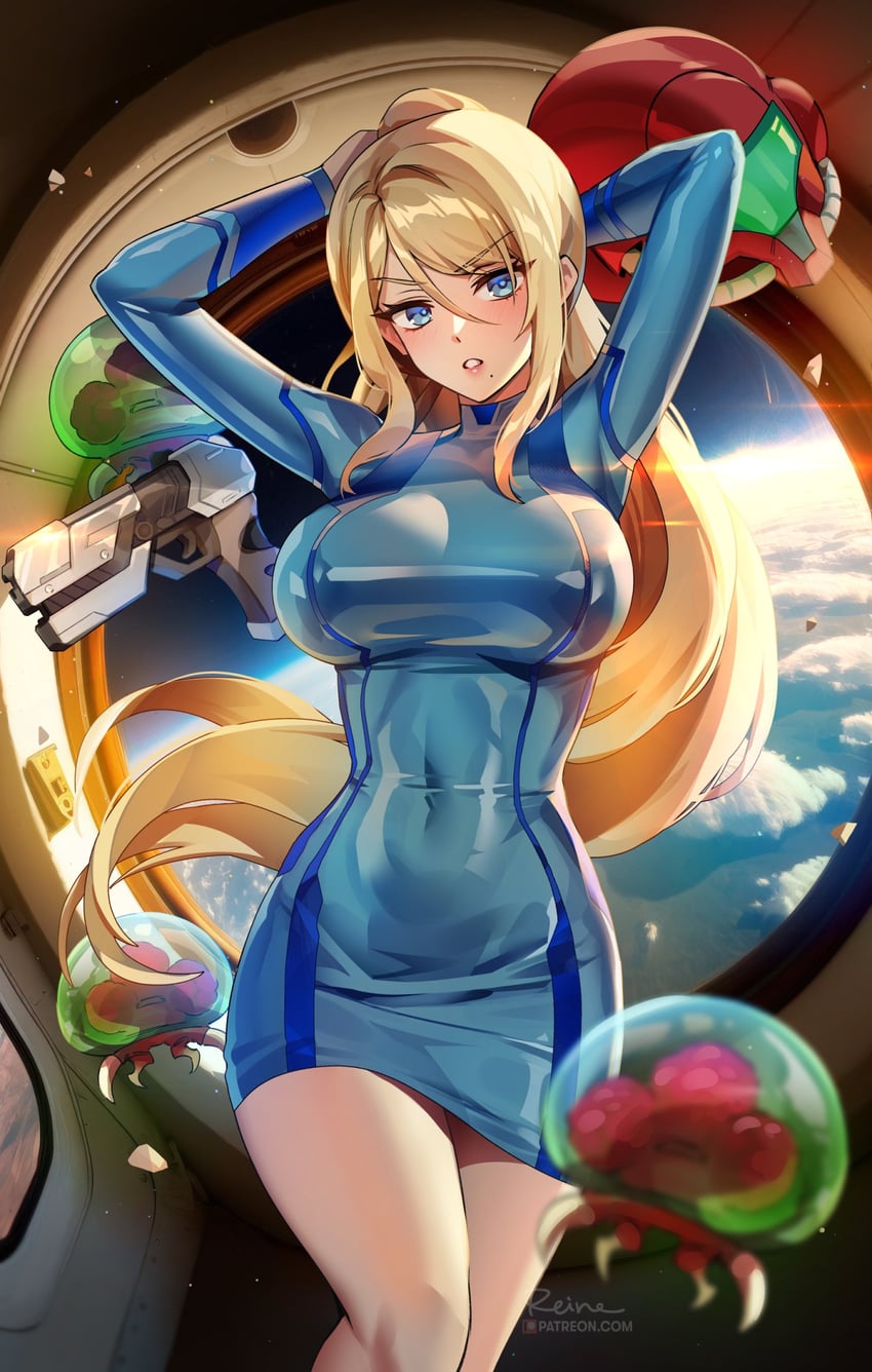 samus aran, metroid, and metroid larva (metroid) drawn by foxyreine
