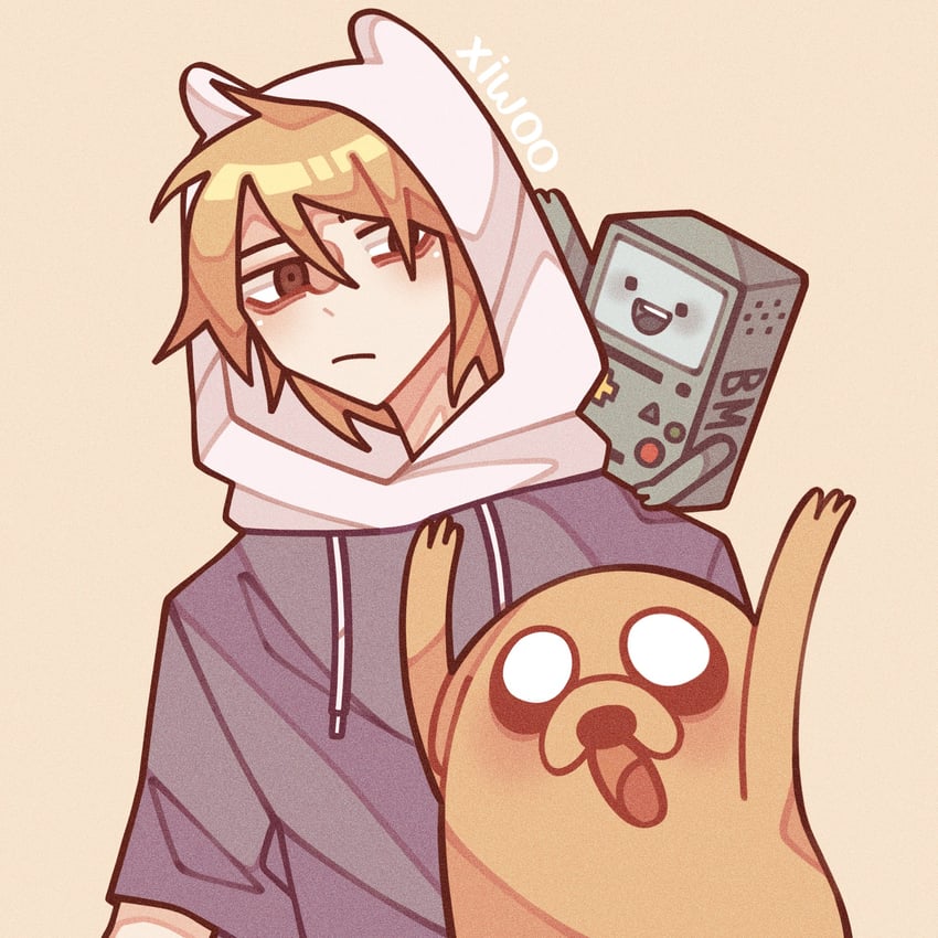 finn the human, jake the dog, and bmo (adventure time) drawn by jiwoo_(xiwookk)
