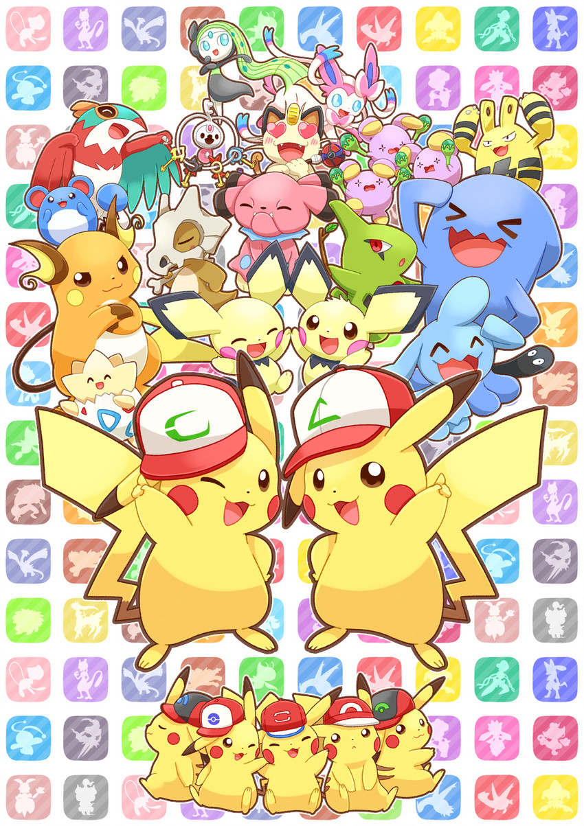 pikachu, ash ketchum, sylveon, meowth, pichu, and 12 more (pokemon) drawn by samsung_(yuzuikka)