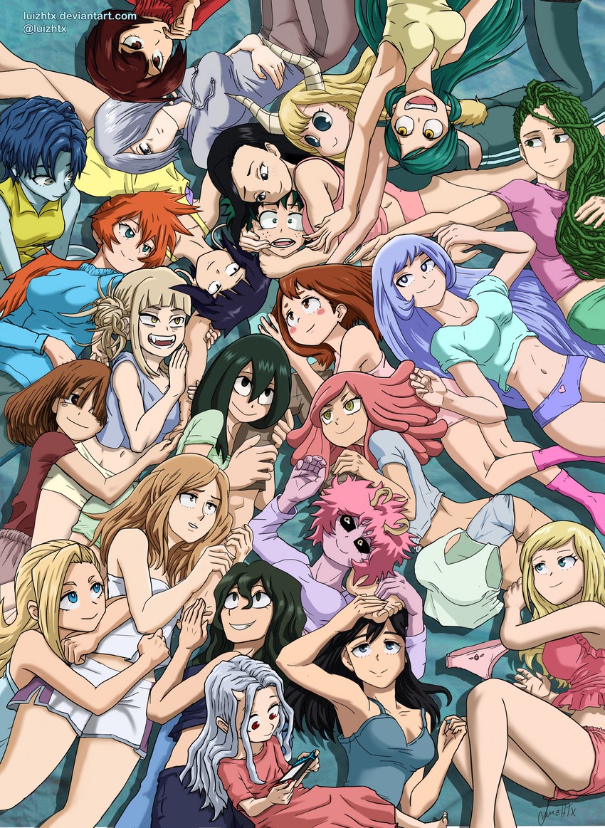 midoriya izuku, uraraka ochaco, toga himiko, asui tsuyu, yaoyorozu momo, and 19 more (boku no hero academia) drawn by luizhtx