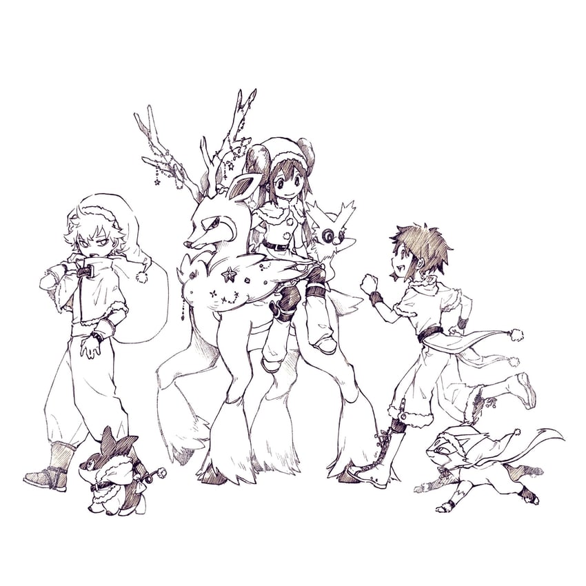 tepig, nate, hugh, purrloin, delibird, and 2 more (pokemon and 2 more) drawn by tan_carbonnn