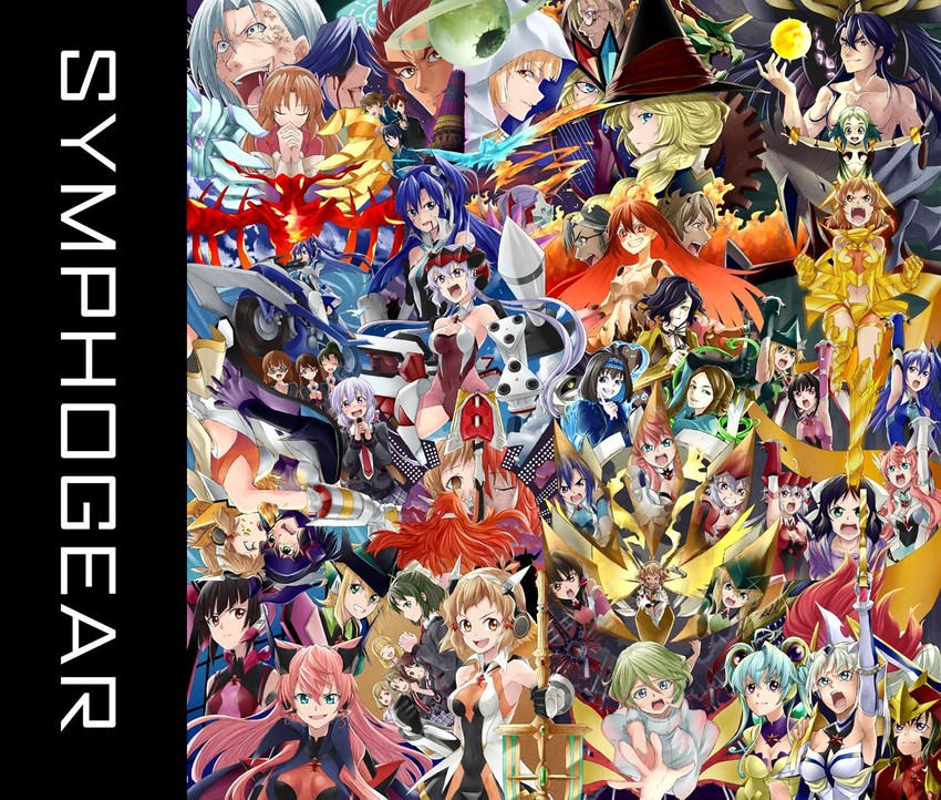 yukine chris, tachibana hibiki, akatsuki kirika, tsukuyomi shirabe, kazanari tsubasa, and 29 more (senki zesshou symphogear) drawn by judo_fuu