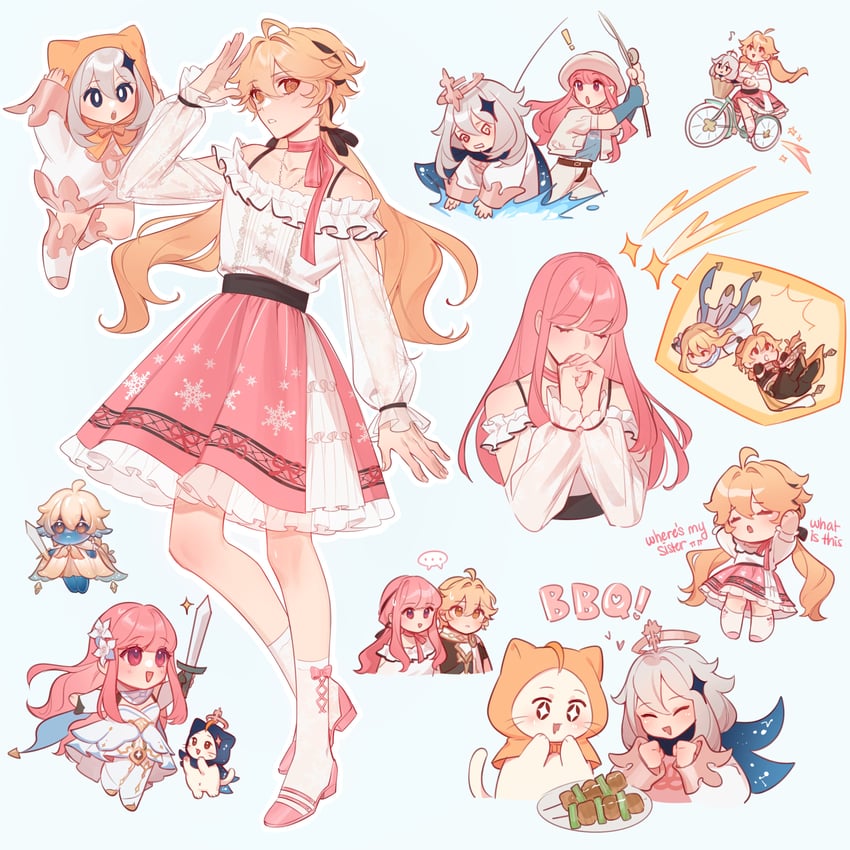 lumine, aether, paimon, nikki, momo, and 2 more (genshin impact and 2 more) drawn by susdish