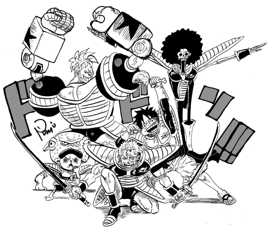 monkey d. luffy, roronoa zoro, tony tony chopper, brook, and franky (one piece and 2 more) drawn by nishiponi