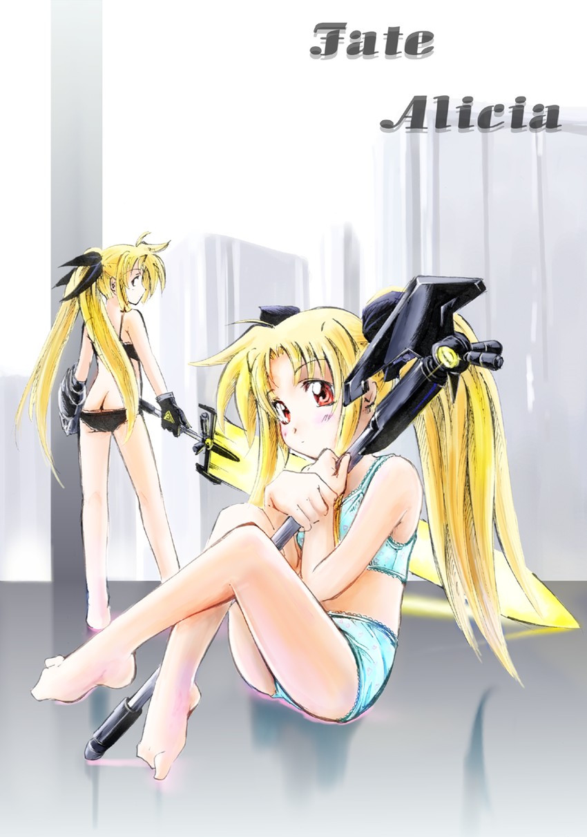 fate testarossa, bardiche, and alicia testarossa (lyrical nanoha and 2 more) drawn by jason_(kaiten_kussaku_kikou)