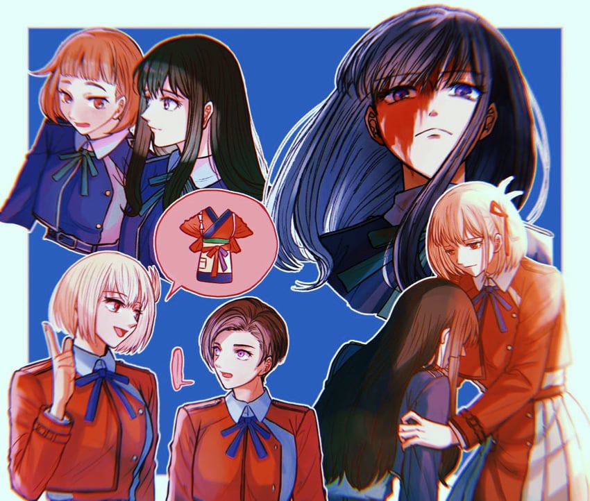 nishikigi chisato, inoue takina, harukawa fuki, and janome erika (lycoris recoil) drawn by kumabehaso