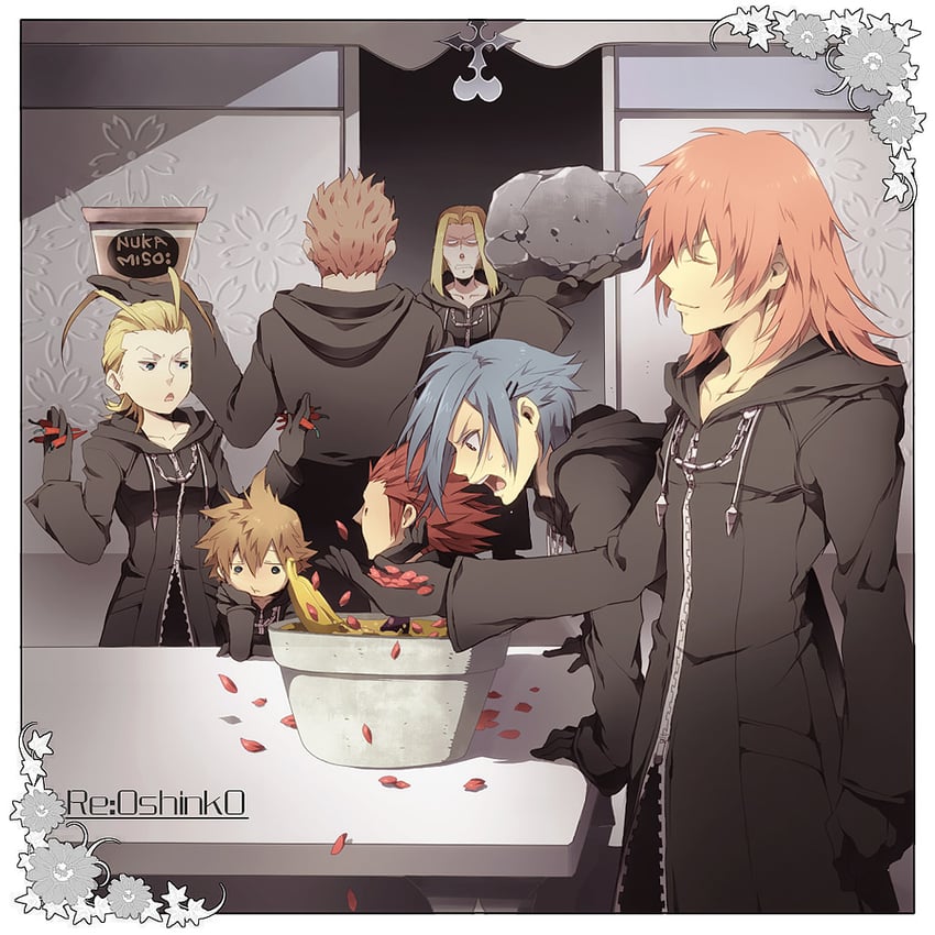roxas, axel, larxene, marluxia, zexion, and 2 more (kingdom hearts and 1 more) drawn by tore_(ksg666xxx)