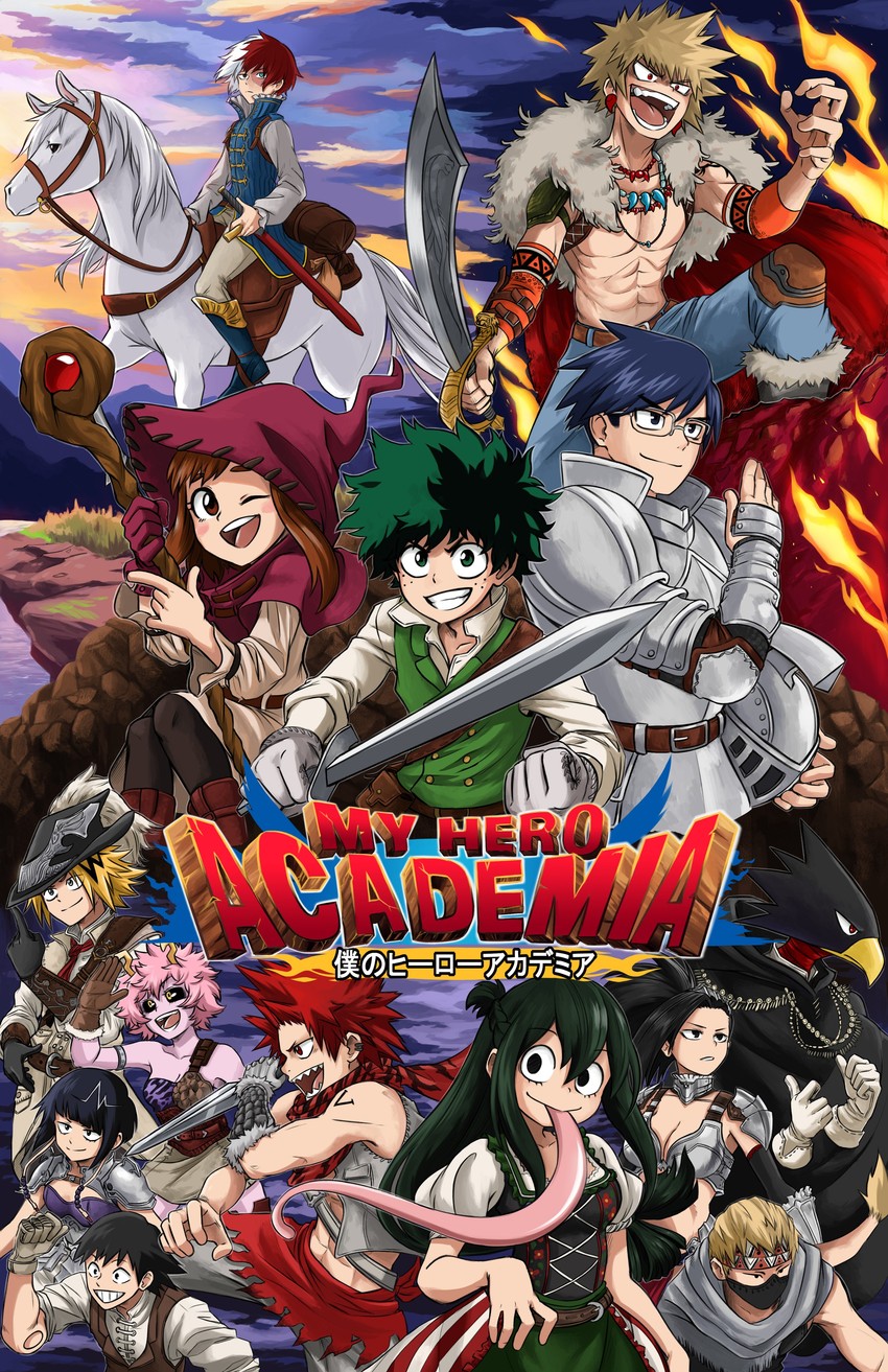 midoriya izuku, bakugou katsuki, uraraka ochaco, todoroki shoto, asui tsuyu, and 9 more (boku no hero academia) drawn by pokurimio
