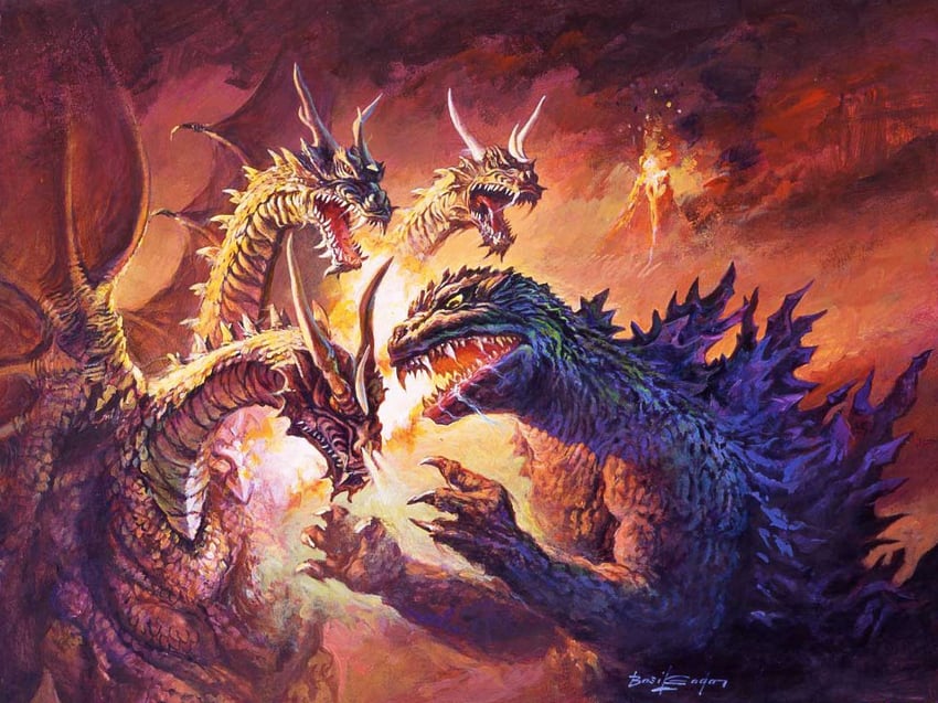 godzilla, king ghidorah, and grand king ghidorah (godzilla and 3 more) drawn by bob_eggleton