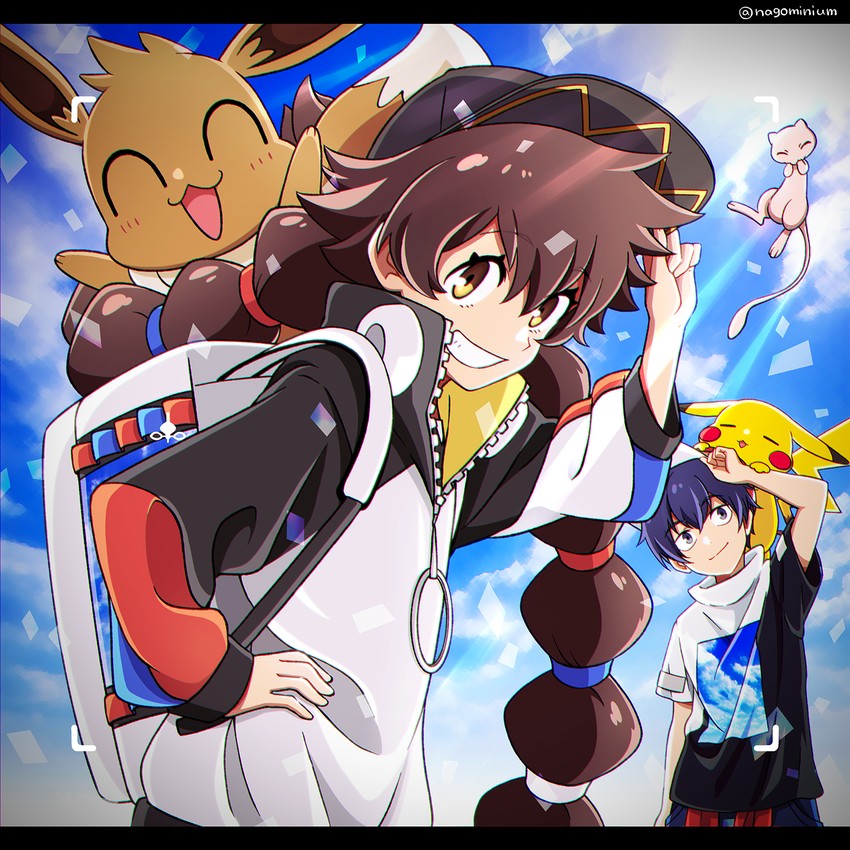 pikachu, eevee, mew, gotcha! girl, and gotcha! boy (pokemon and 1 more) drawn by namigon