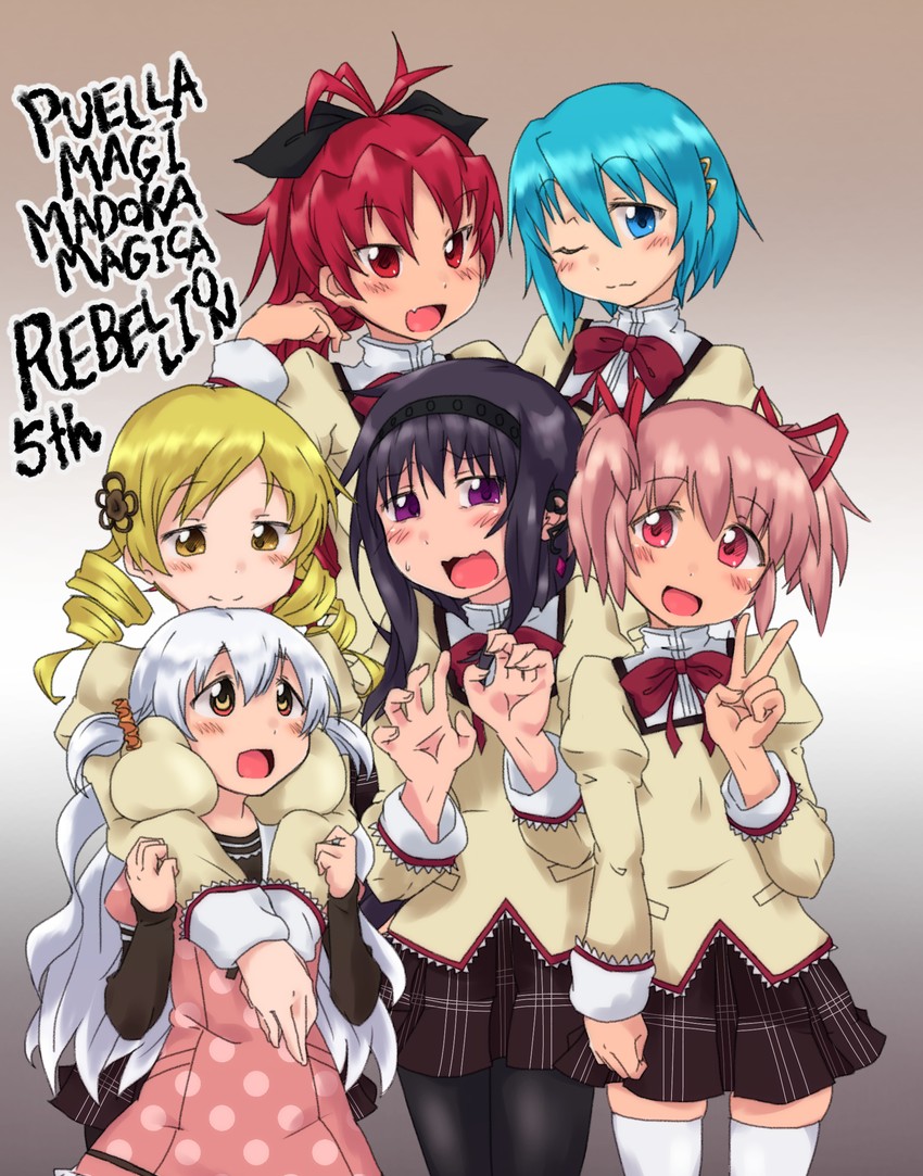 akemi homura, kaname madoka, miki sayaka, sakura kyoko, tomoe mami, and 1 more (mahou shoujo madoka magica and 1 more) drawn by nikkou_bure