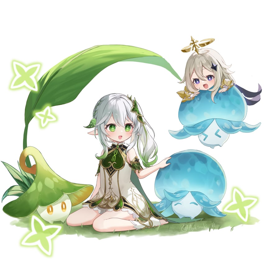 nahida, paimon, and fungi (genshin impact) drawn by ayatsuki_hina