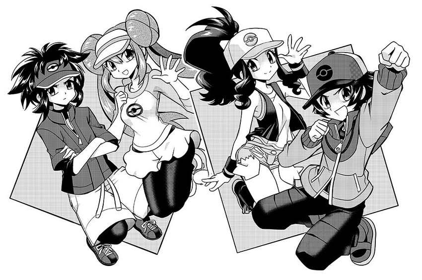 rosa, hilda, hilbert, and nate (pokemon and 1 more) drawn by ayateaori