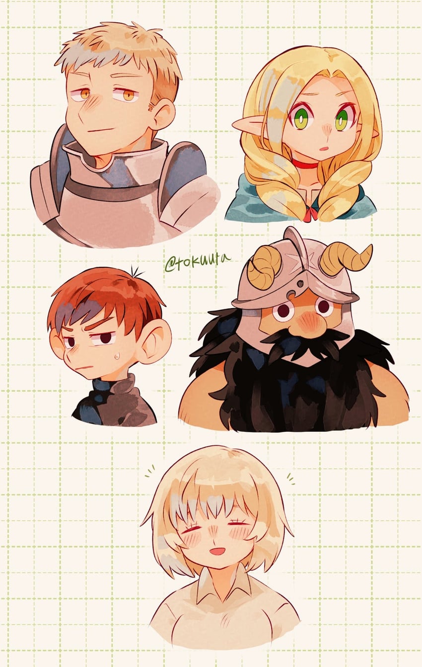 marcille donato, falin touden, laios touden, senshi, and chilchuck tims (dungeon meshi) drawn by tokuura