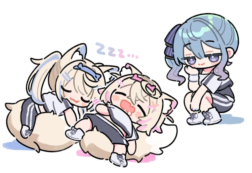 hoshimachi suisei, fuwawa abyssgard, and mococo abyssgard (hololive and 1 more) drawn by meopun_(meopen429)
