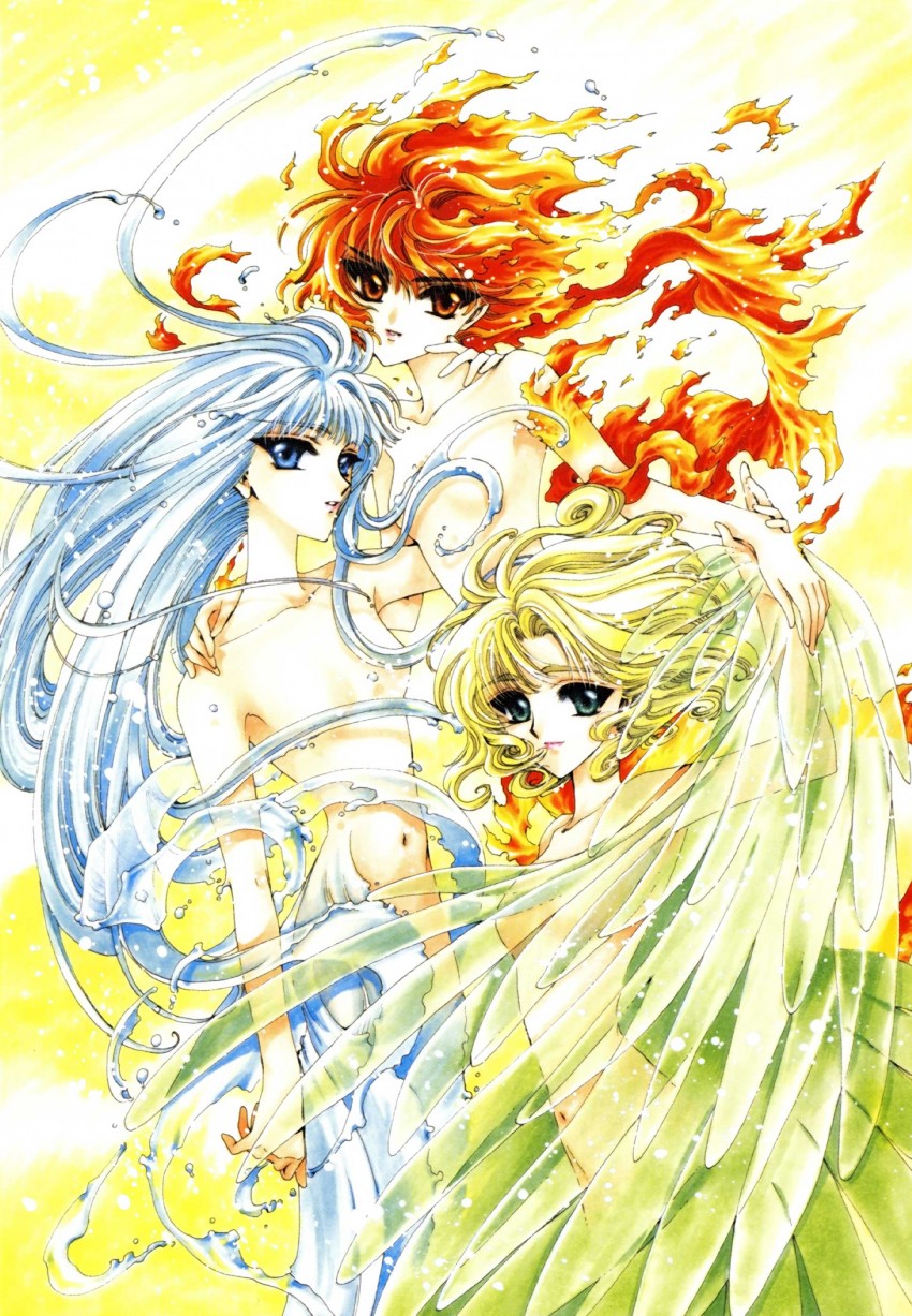 shidou hikaru, ryuuzaki umi, and hououji fuu (magic knight rayearth) drawn by clamp_(circle)