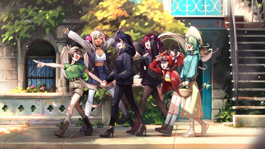 ouro kronii, nanashi mumei, hakos baelz, ceres fauna, irys, and 2 more (hololive and 1 more) drawn by adarin