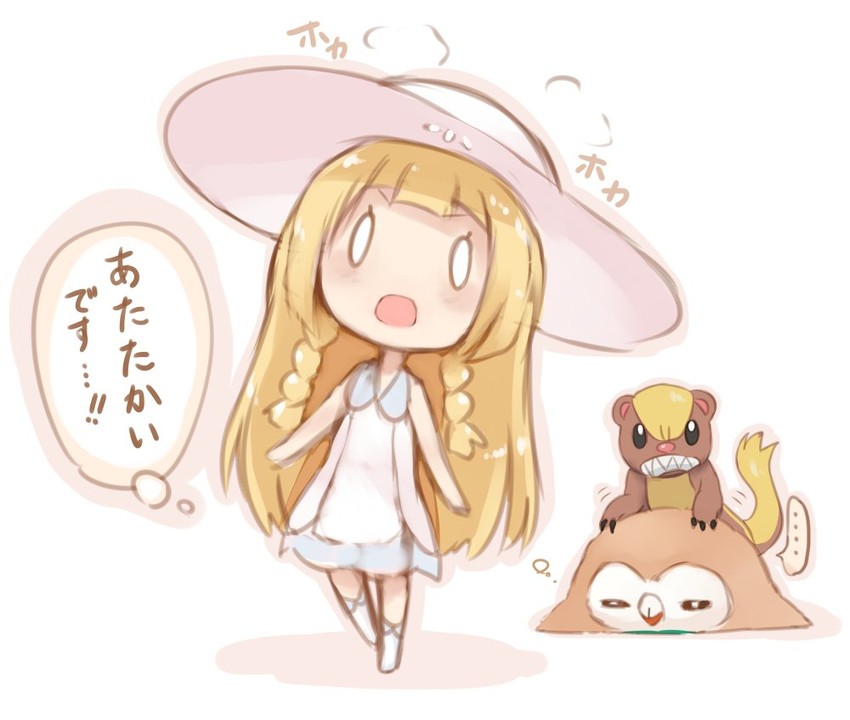 lillie, rowlet, and yungoos (pokemon and 1 more) drawn by sukemyon
