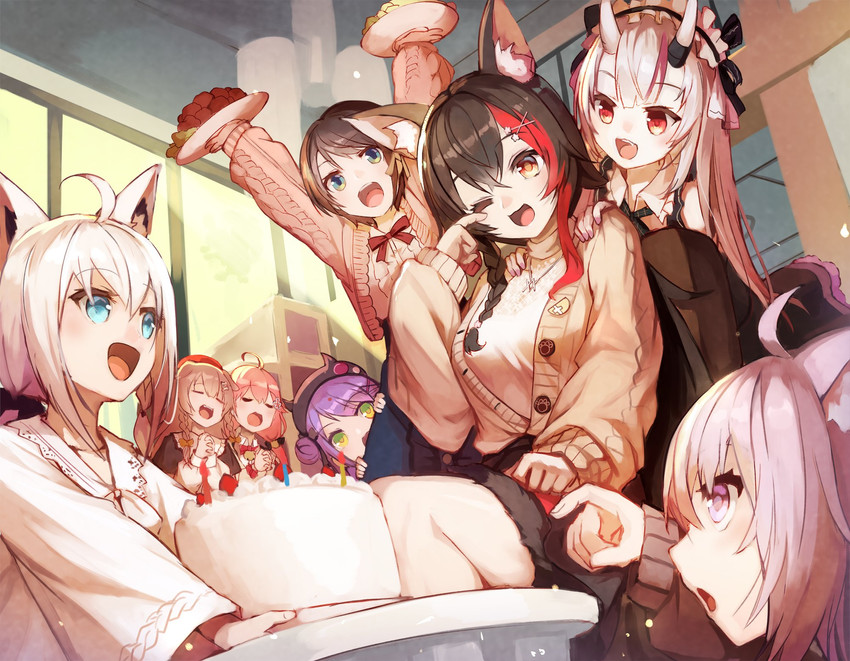 shirakami fubuki, nekomata okayu, sakura miko, tokoyami towa, ookami mio, and 3 more (hololive) drawn by sue_(bg-bros)