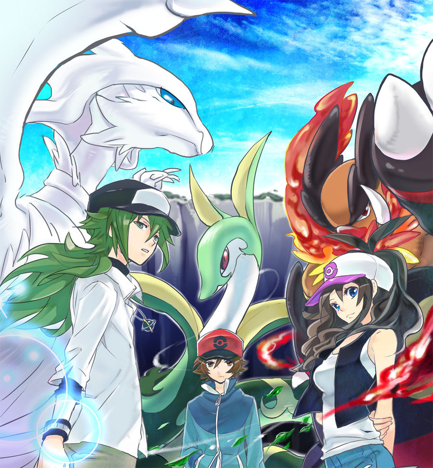 hilda, hilbert, n, reshiram, serperior, and 1 more (pokemon and 1 more) drawn by kuronomine
