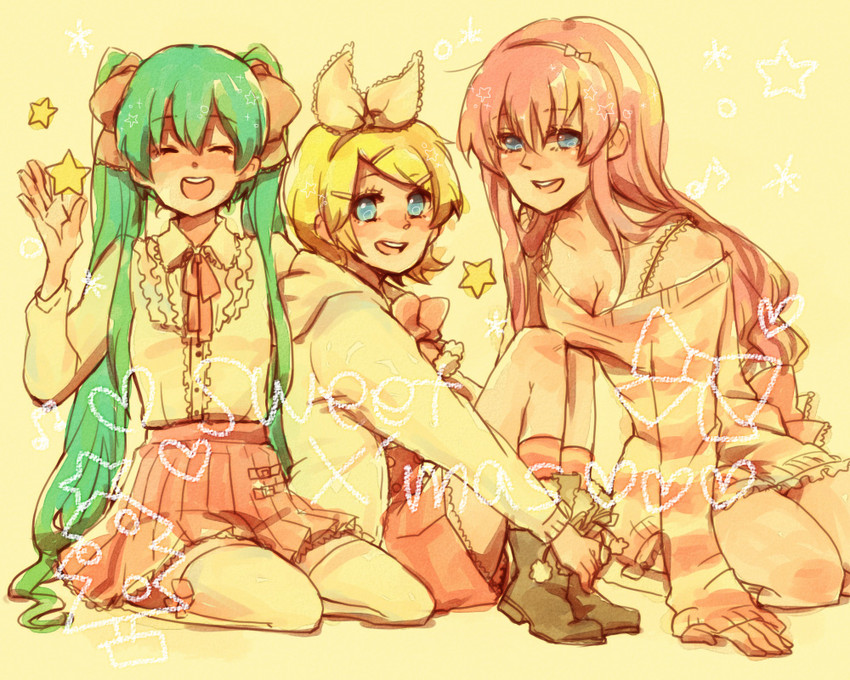 hatsune miku, kagamine rin, and megurine luka (vocaloid) drawn by 8michu