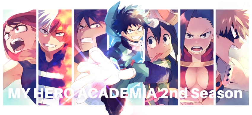 midoriya izuku, bakugou katsuki, uraraka ochaco, todoroki shoto, asui tsuyu, and 2 more (boku no hero academia) drawn by taki_75