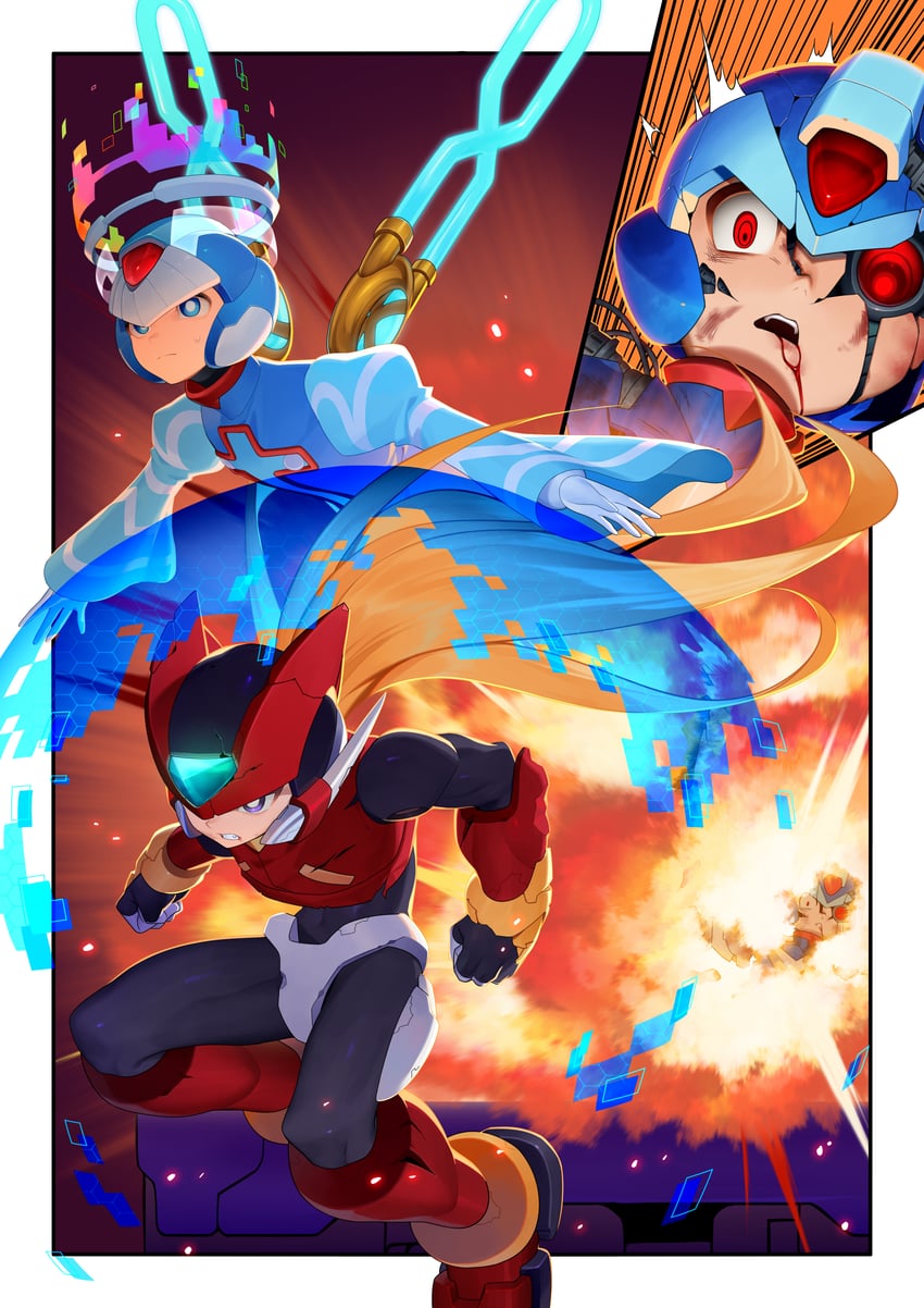 zero, x, zero(z), cyber elf x, and copy x (mega man and 2 more) drawn by buzzsaw_(6631455)
