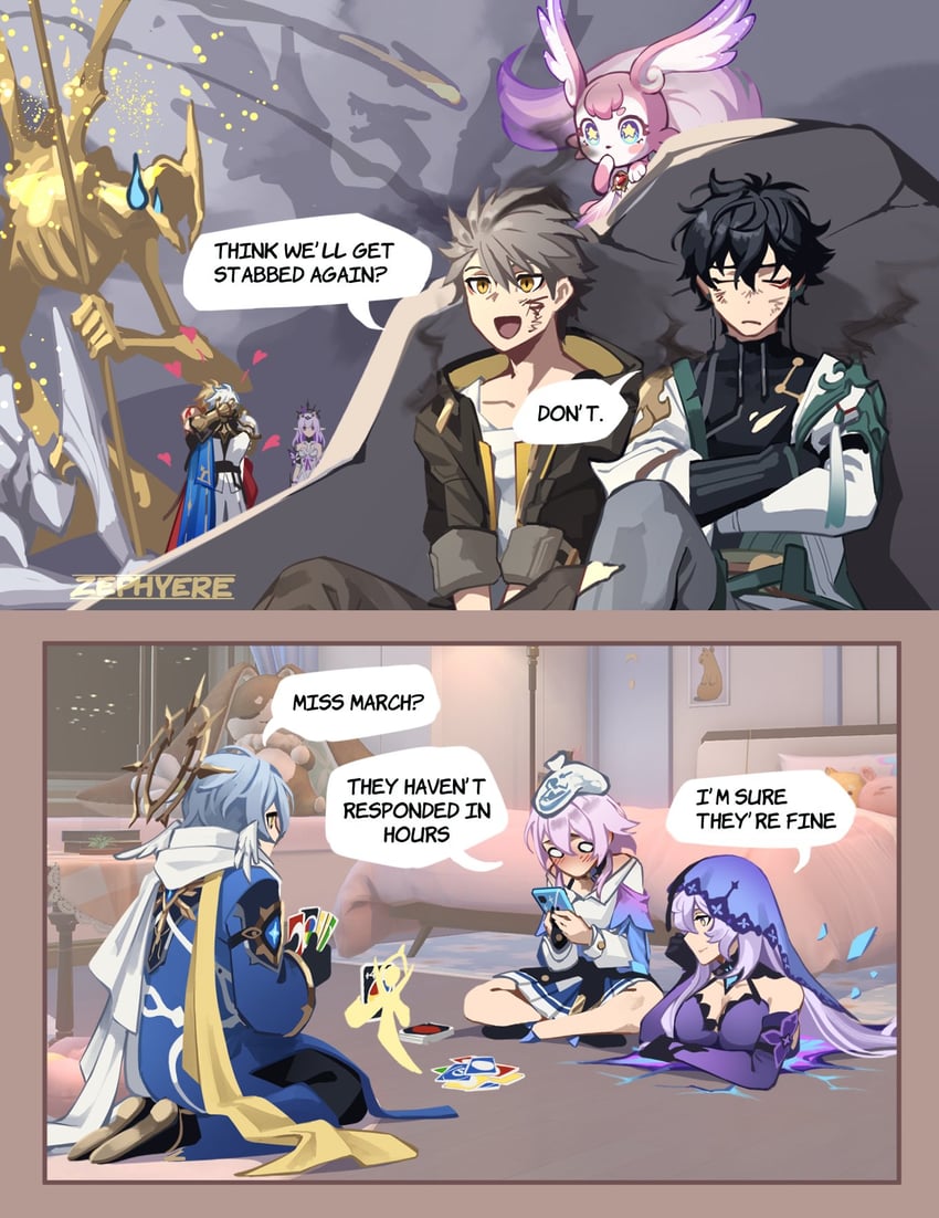 trailblazer, march 7th, caelus, dan heng, phainon, and 5 more (honkai and 1 more) drawn by zephyere