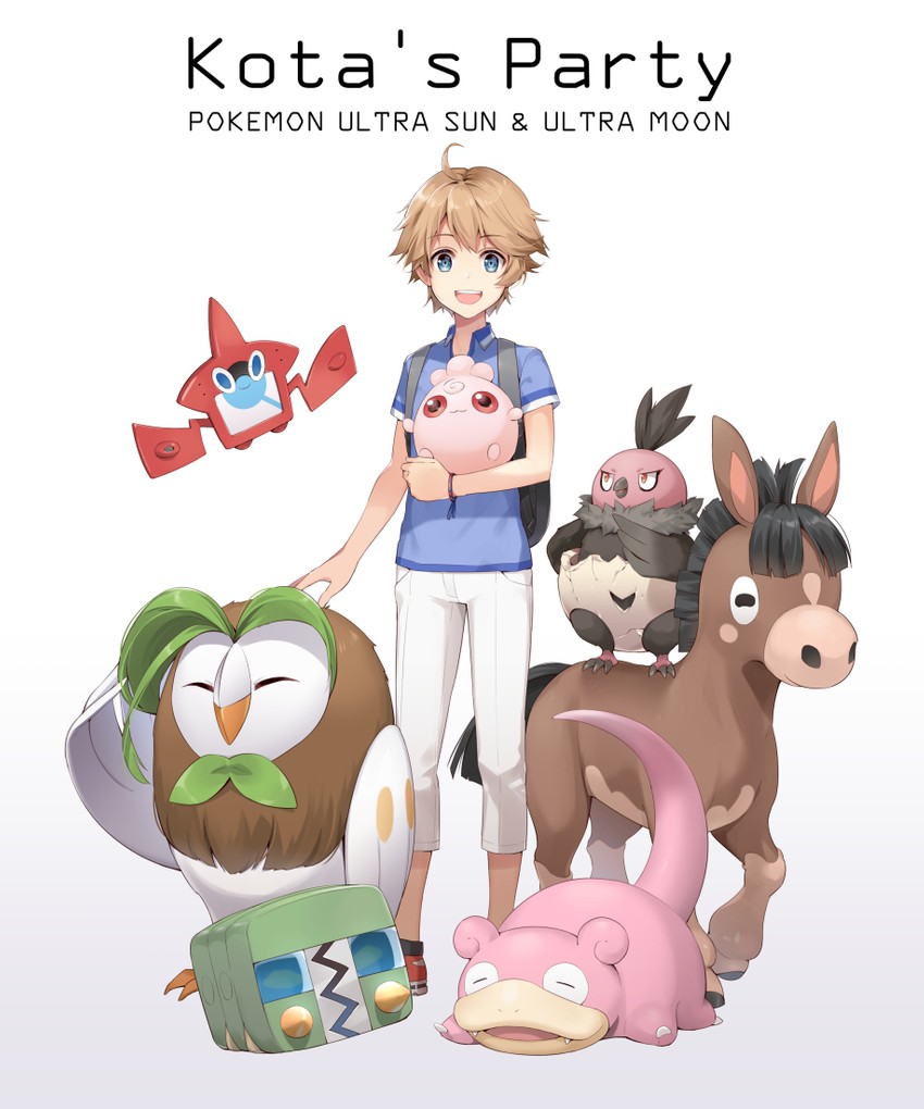 rotom, elio, slowpoke, rotom dex, igglybuff, and 4 more (pokemon and 1 more) drawn by rupinesu