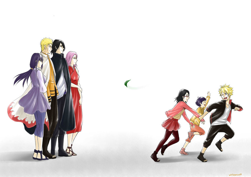 haruno sakura, uzumaki naruto, hyuuga hinata, uchiha sasuke, uchiha sarada, and 2 more (naruto and 1 more) drawn by whitesnow14